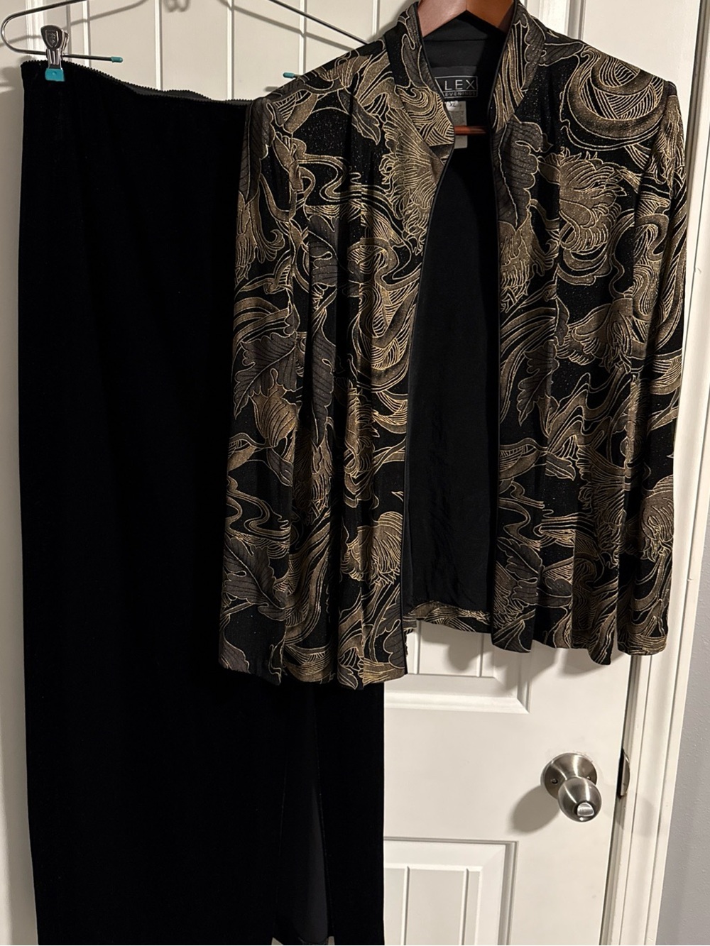 Alex Evenings Black and Gold Jacquard Open-Front Jacket Skirt Set